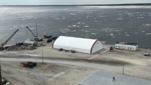 An aerial view of the fully enclosed Zinc concentrate storage warehouse at the Hudson Bay Port.