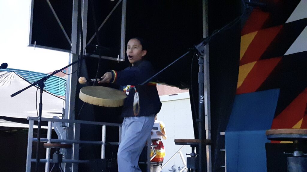 Youth Take Centre Stage: Nathaniel Sinclair from Mathias Colomb Cree Nation in Northern Manitoba, loves singing round dance and pow wow music. At 2-years-old he learnt how to sing by watching YouTube videos. He was inspired by Northern Cree Drum Group singers. Photo: Tony Eetak